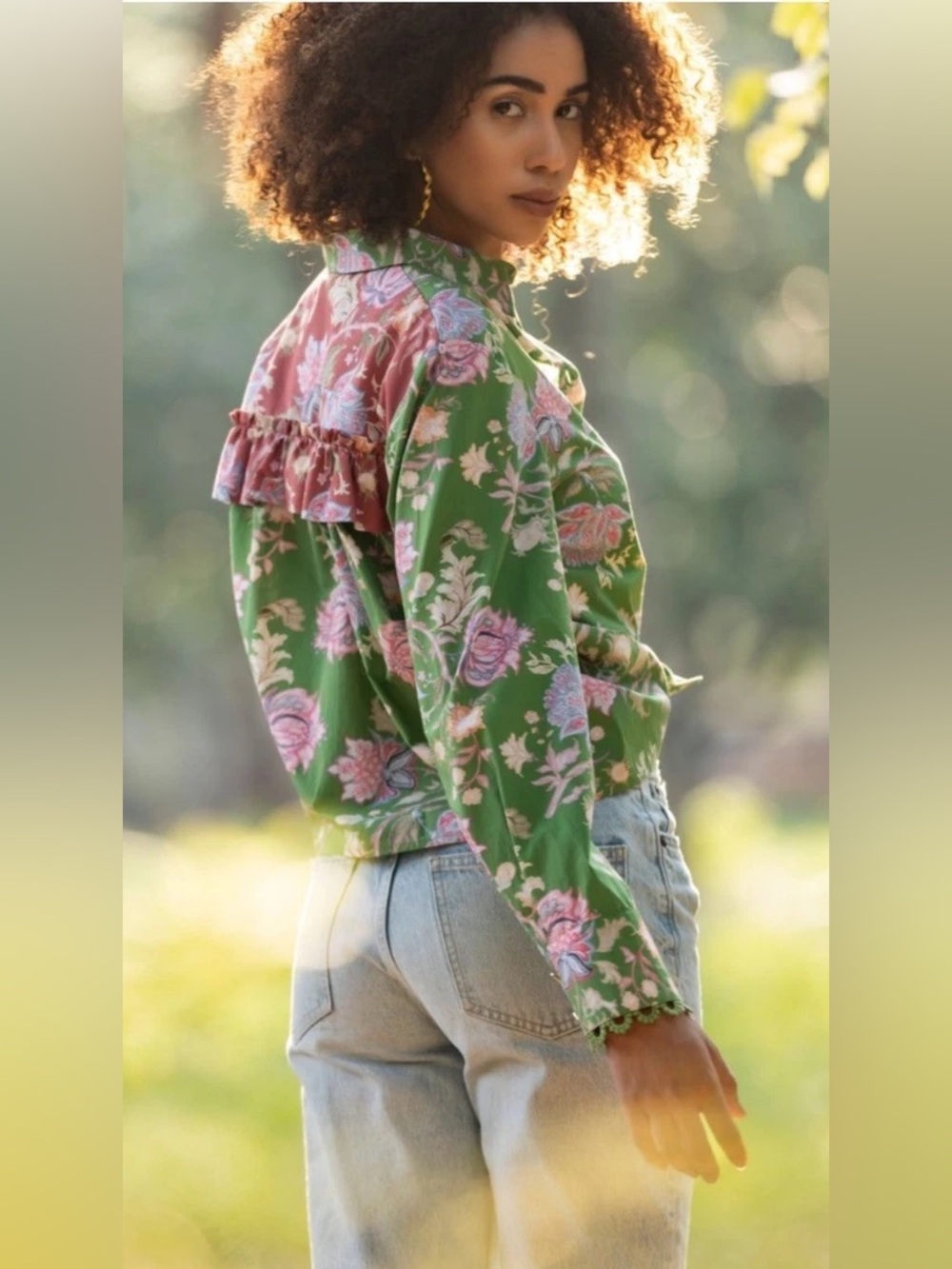 Emily Lovelock Tanisha Floral Button-Up Shirt in Green with Pink & Cream Flowers